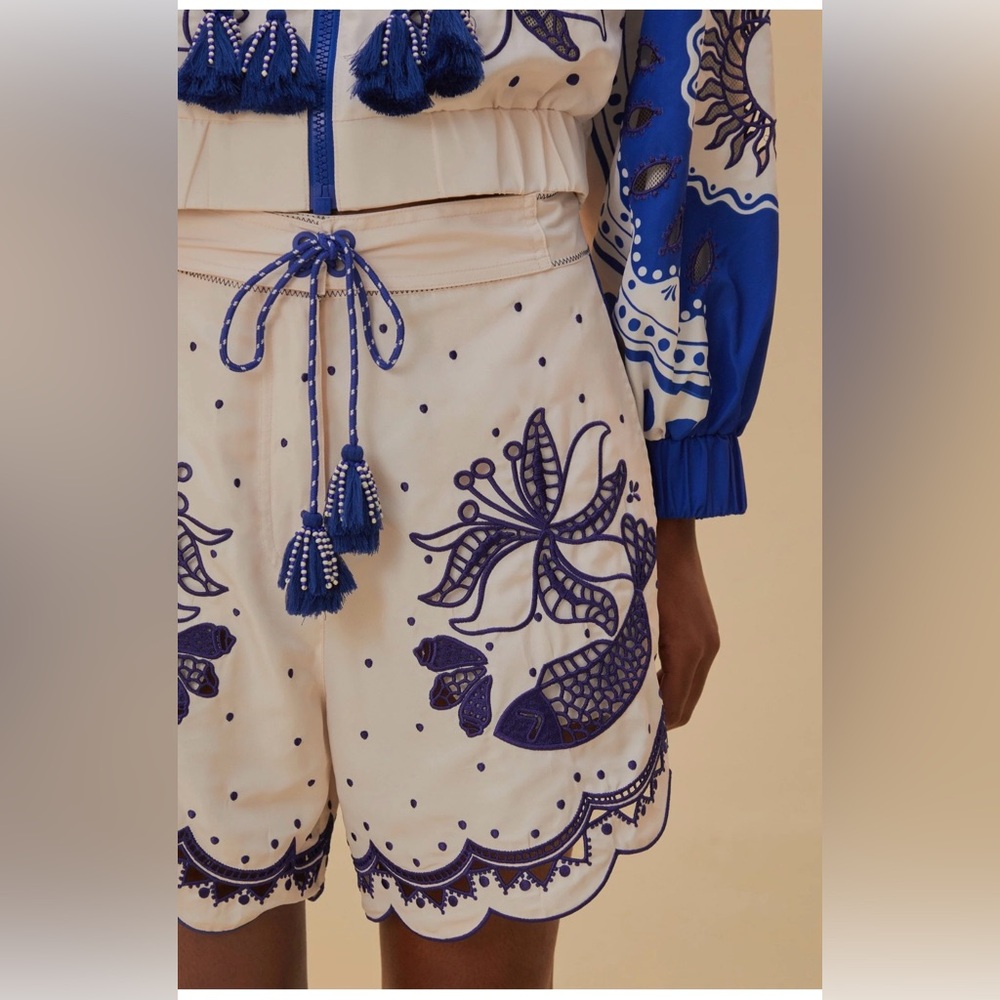 Farm Rio Artisanal Embroidered Resortwear/Beach Shorts Blue White XS Tassel Tie - Picture 2 of 16